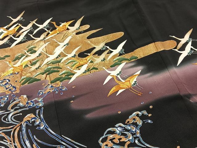 平和屋着物■豪華黒留袖　駒刺繍　萬寿染　飛鶴浜松文　金彩　正絹　逸品　BAAY5623yc