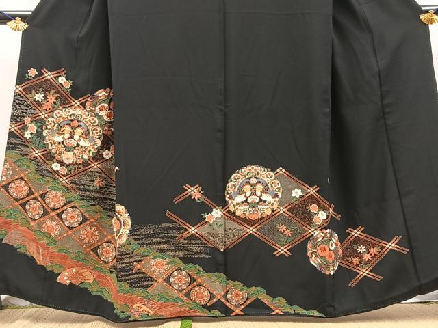 平和屋着物■豪華黒留袖　駒刺繍　菱天井花鳥丸文　金銀彩　正絹　逸品　BAAY5627yc