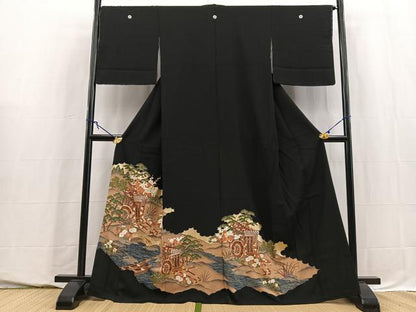 平和屋着物■豪華黒留袖　駒刺繍御所車花文　金彩　正絹　逸品　BAAY5658yc