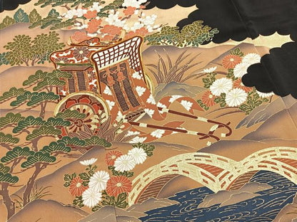 平和屋着物■豪華黒留袖　駒刺繍御所車花文　金彩　正絹　逸品　BAAY5658yc