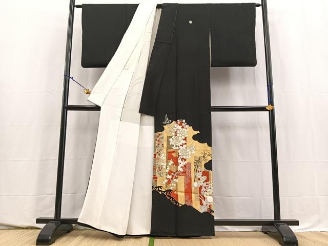 平和屋着物■豪華黒留袖　作家物　刺繍　短冊花文　笹の葉シルエット　金彩　正絹　逸品　BAAY5663yc