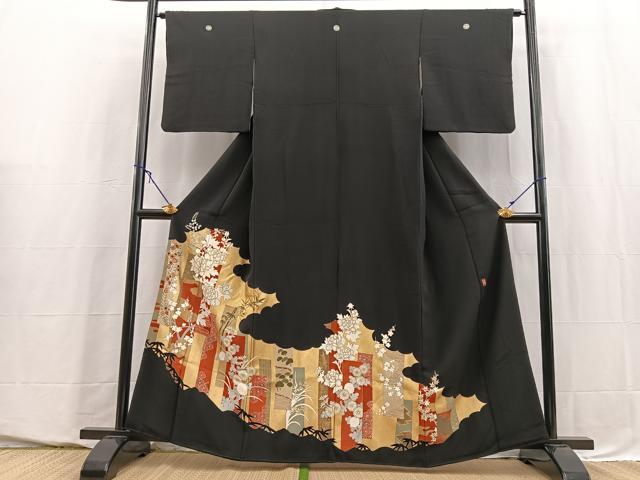 平和屋着物■豪華黒留袖　作家物　刺繍　短冊花文　笹の葉シルエット　金彩　正絹　逸品　BAAY5663yc