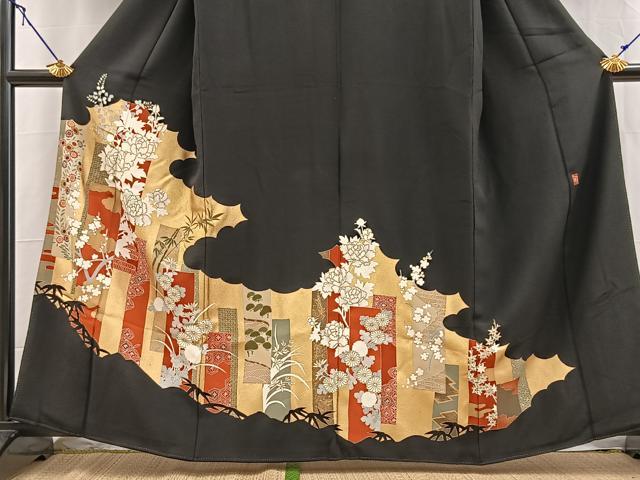 平和屋着物■豪華黒留袖　作家物　刺繍　短冊花文　笹の葉シルエット　金彩　正絹　逸品　BAAY5663yc
