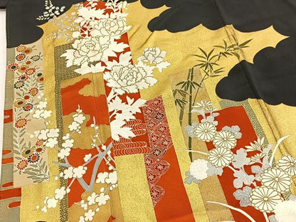 平和屋着物■豪華黒留袖　作家物　刺繍　短冊花文　笹の葉シルエット　金彩　正絹　逸品　BAAY5663yc