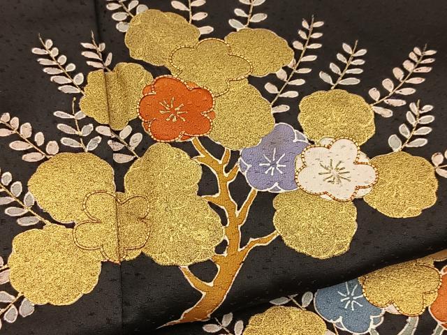 平和屋着物■訪問着　駒刺繍　梅　黒地　金彩　三越扱い　正絹　逸品　BAAY5666yc