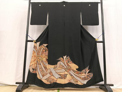 平和屋着物■豪華黒留袖　駒刺繍　束ね熨斗吉祥花文　金彩　正絹　逸品　BAAY5668yc