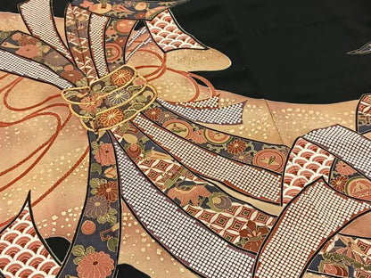 平和屋着物■豪華黒留袖　駒刺繍　束ね熨斗吉祥花文　金彩　正絹　逸品　BAAY5668yc