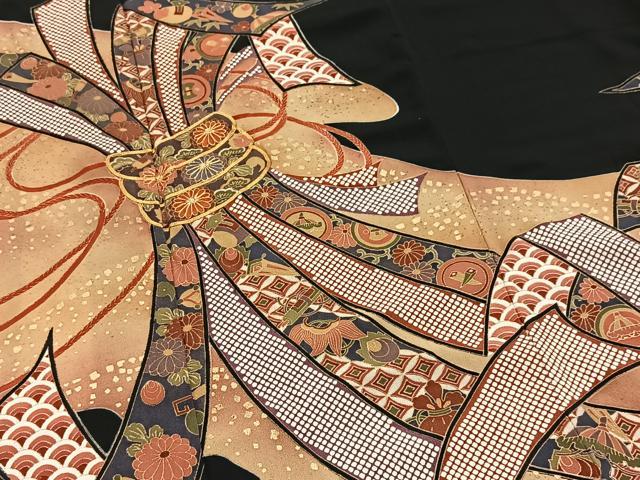 平和屋着物■豪華黒留袖　駒刺繍　束ね熨斗吉祥花文　金彩　正絹　逸品　BAAY5668yc