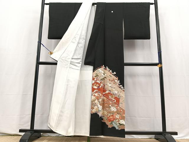 平和屋着物■豪華黒留袖　作家物　駒刺繍　風景花蝶文　金彩　正絹　逸品　BAAY5669yc