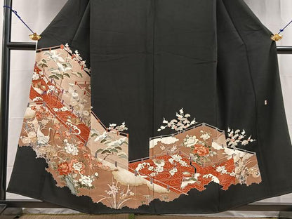 平和屋着物■豪華黒留袖　作家物　駒刺繍　風景花蝶文　金彩　正絹　逸品　BAAY5669yc