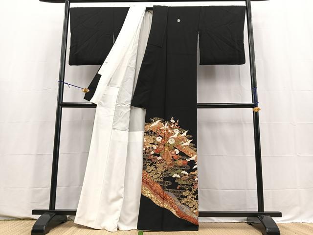 平和屋着物■豪華黒留袖　駒刺繍　飛鶴吉祥花文　金彩　正絹　逸品　BAAY5672yc