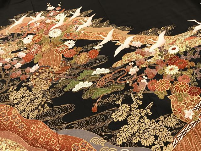平和屋着物■豪華黒留袖　駒刺繍　飛鶴吉祥花文　金彩　正絹　逸品　BAAY5672yc