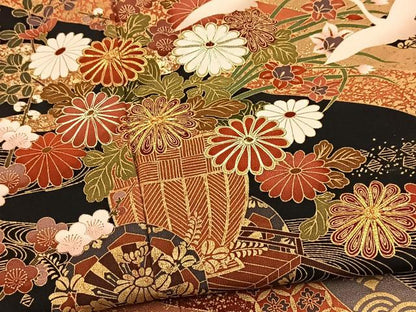 平和屋着物■豪華黒留袖　駒刺繍　飛鶴吉祥花文　金彩　正絹　逸品　BAAY5672yc