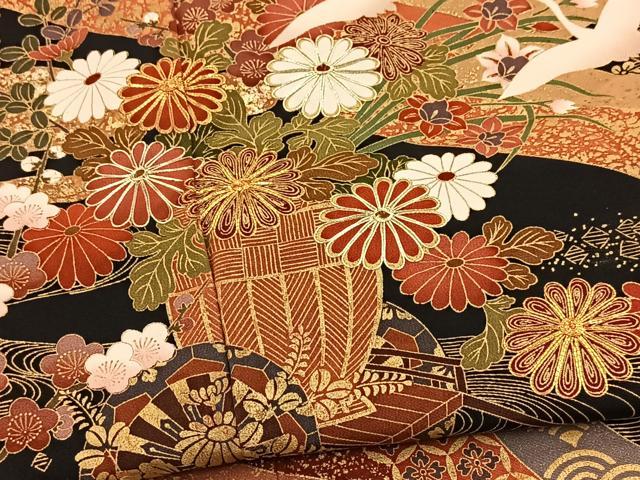 平和屋着物■豪華黒留袖　駒刺繍　飛鶴吉祥花文　金彩　正絹　逸品　BAAY5672yc