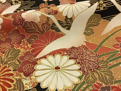 平和屋着物■豪華黒留袖　駒刺繍　飛鶴吉祥花文　金彩　正絹　逸品　BAAY5672yc