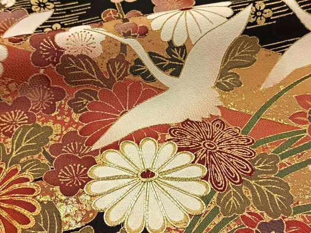 平和屋着物■豪華黒留袖　駒刺繍　飛鶴吉祥花文　金彩　正絹　逸品　BAAY5672yc