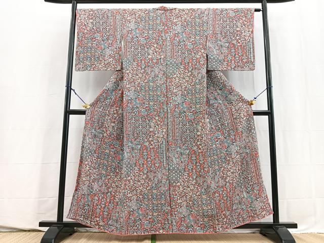平和屋着物■上質な小紋　切嵌更紗花鳥文　正絹　逸品　BAAY5689yc