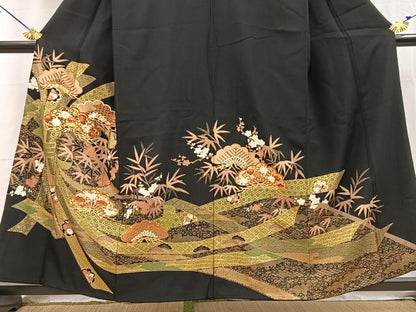 平和屋着物■豪華黒留袖　駒刺繍　松竹梅束ね熨斗文　金彩　正絹　逸品　BAAY5703yc
