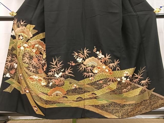 平和屋着物■豪華黒留袖　駒刺繍　松竹梅束ね熨斗文　金彩　正絹　逸品　BAAY5703yc