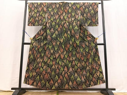 平和屋着物■上質な小紋　総絞り　幾何学文様　黒地　正絹　逸品　BAAY5707yc