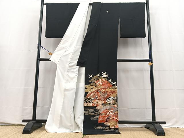 平和屋着物■豪華黒留袖　駒刺繍　飛鶴吉祥花文　金銀彩　正絹　逸品　BAAY5709yc