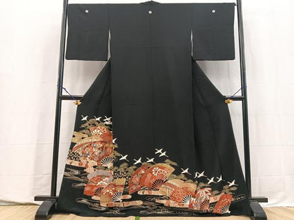 平和屋着物■豪華黒留袖　駒刺繍　飛鶴吉祥花文　金銀彩　正絹　逸品　BAAY5709yc