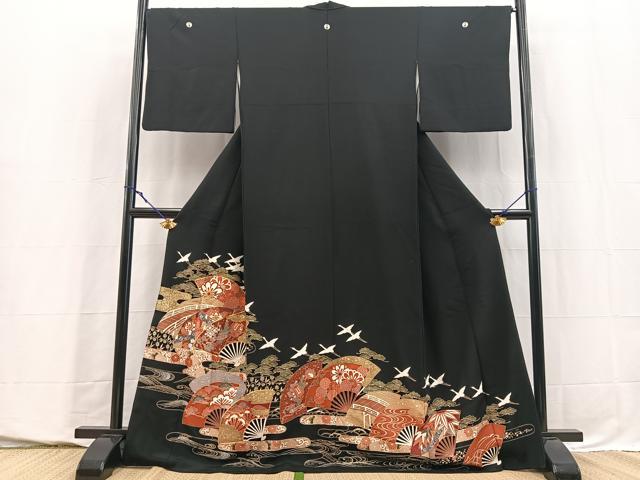 平和屋着物■豪華黒留袖　駒刺繍　飛鶴吉祥花文　金銀彩　正絹　逸品　BAAY5709yc