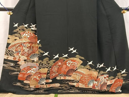 平和屋着物■豪華黒留袖　駒刺繍　飛鶴吉祥花文　金銀彩　正絹　逸品　BAAY5709yc