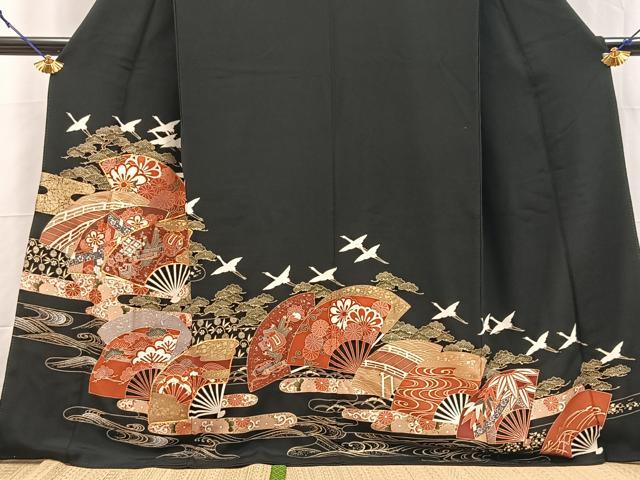 平和屋着物■豪華黒留袖　駒刺繍　飛鶴吉祥花文　金銀彩　正絹　逸品　BAAY5709yc