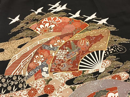 平和屋着物■豪華黒留袖　駒刺繍　飛鶴吉祥花文　金銀彩　正絹　逸品　BAAY5709yc