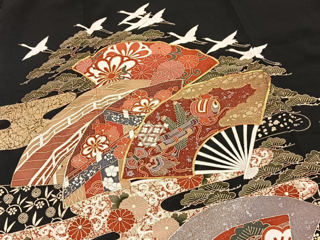 平和屋着物■豪華黒留袖　駒刺繍　飛鶴吉祥花文　金銀彩　正絹　逸品　BAAY5709yc