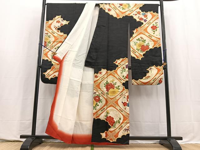 平和屋着物■豪華振袖　駒刺繍　格天井花文　黒地　金彩　正絹　逸品　BAAY5741yc