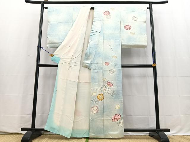 平和屋着物■訪問着　銀駒刺繍　花蝶文　暈し染め　銀彩　正絹　逸品　BAAY5745yc