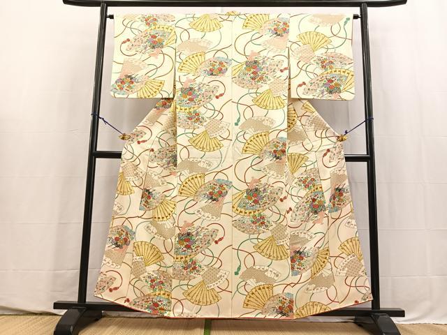 平和屋着物■上質な小紋　檜扇花車文　金彩　正絹　逸品　BAAY5753yc