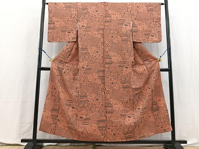 平和屋着物■上質な小紋　切嵌更紗花文　正絹　逸品　BAAY5782yc