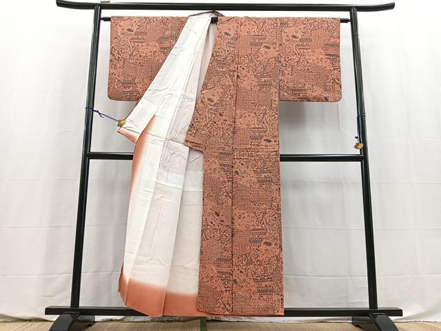 平和屋着物■上質な小紋　切嵌更紗花文　正絹　逸品　BAAY5782yc