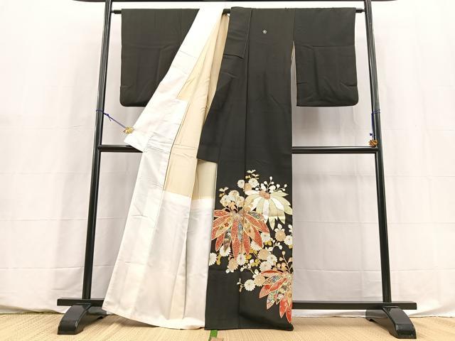 平和屋着物■豪華黒留袖　駒刺繍　草花文　金彩　正絹　逸品　BAAY5826yc
