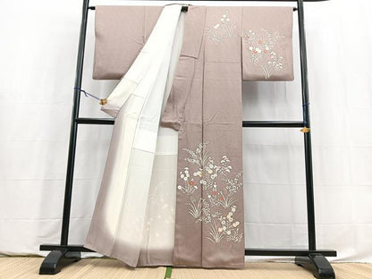 平和屋着物■訪問着　刺繍　秋草文　銀彩　正絹　逸品　BAAY5844yc
