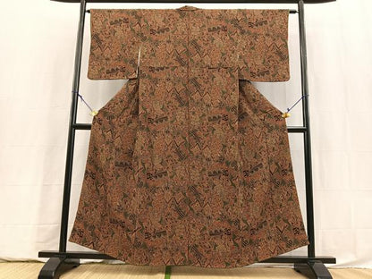 平和屋着物■上質な小紋　幾何学花文　鬼しぼ縮緬　正絹　逸品　BAAY5847yc