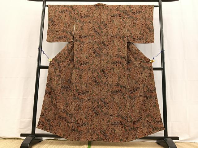 平和屋着物■上質な小紋　幾何学花文　鬼しぼ縮緬　正絹　逸品　BAAY5847yc