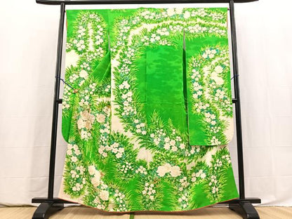 平和屋着物■豪華振袖　駒刺繍　草花文　正絹　逸品　BAAY5854yc