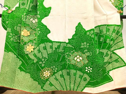 平和屋着物■豪華振袖　絞り　駒刺繍　檜扇花文　正絹　逸品　BAAY5857yc