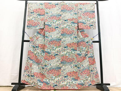 平和屋着物■上質な小紋　型染め　流水風景花文　正絹　逸品　BAAY5882yc