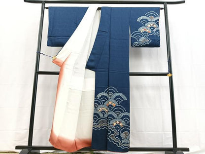 平和屋着物■訪問着　絞り　駒刺繍　花青海波　金彩　正絹　逸品　BAAY5890yc