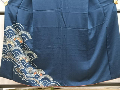 平和屋着物■訪問着　絞り　駒刺繍　花青海波　金彩　正絹　逸品　BAAY5890yc