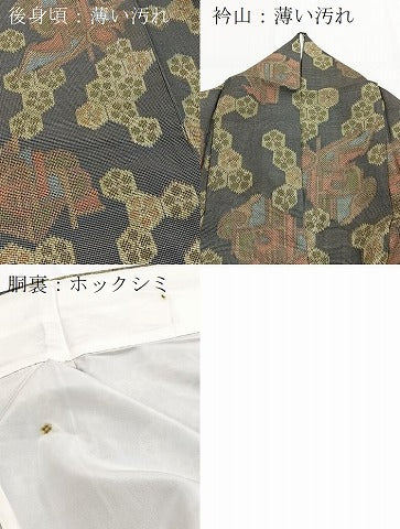 平和屋着物■上質な紬　幾何学花文　黒地　正絹　逸品　BAAY5894yc