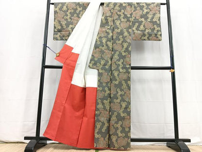 平和屋着物■上質な紬　幾何学花文　黒地　正絹　逸品　BAAY5894yc
