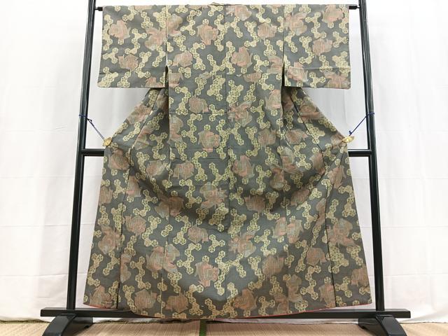平和屋着物■上質な紬　幾何学花文　黒地　正絹　逸品　BAAY5894yc