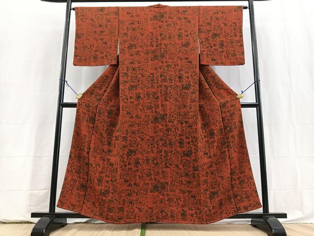 平和屋着物■宮内庁御用達　赤城右堂　小紋　型染め　動物更紗花文　鬼しぼ縮緬　正絹　逸品　未使用　BAAY5907yc