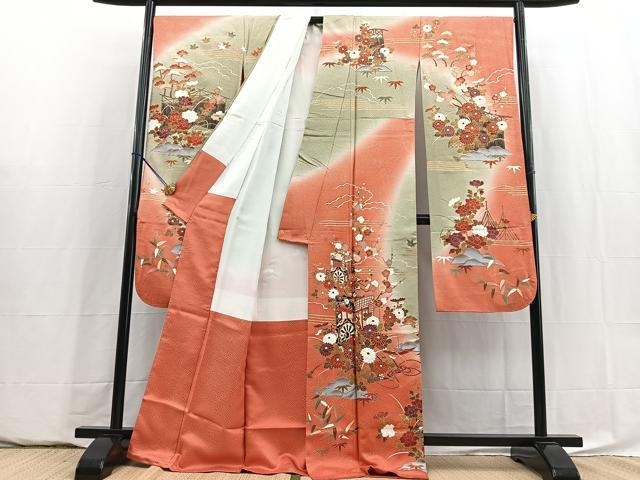 平和屋着物■豪華振袖　駒刺繍　松竹梅御所車花文　暈し染め　金彩　正絹　逸品　BAAY5909yc